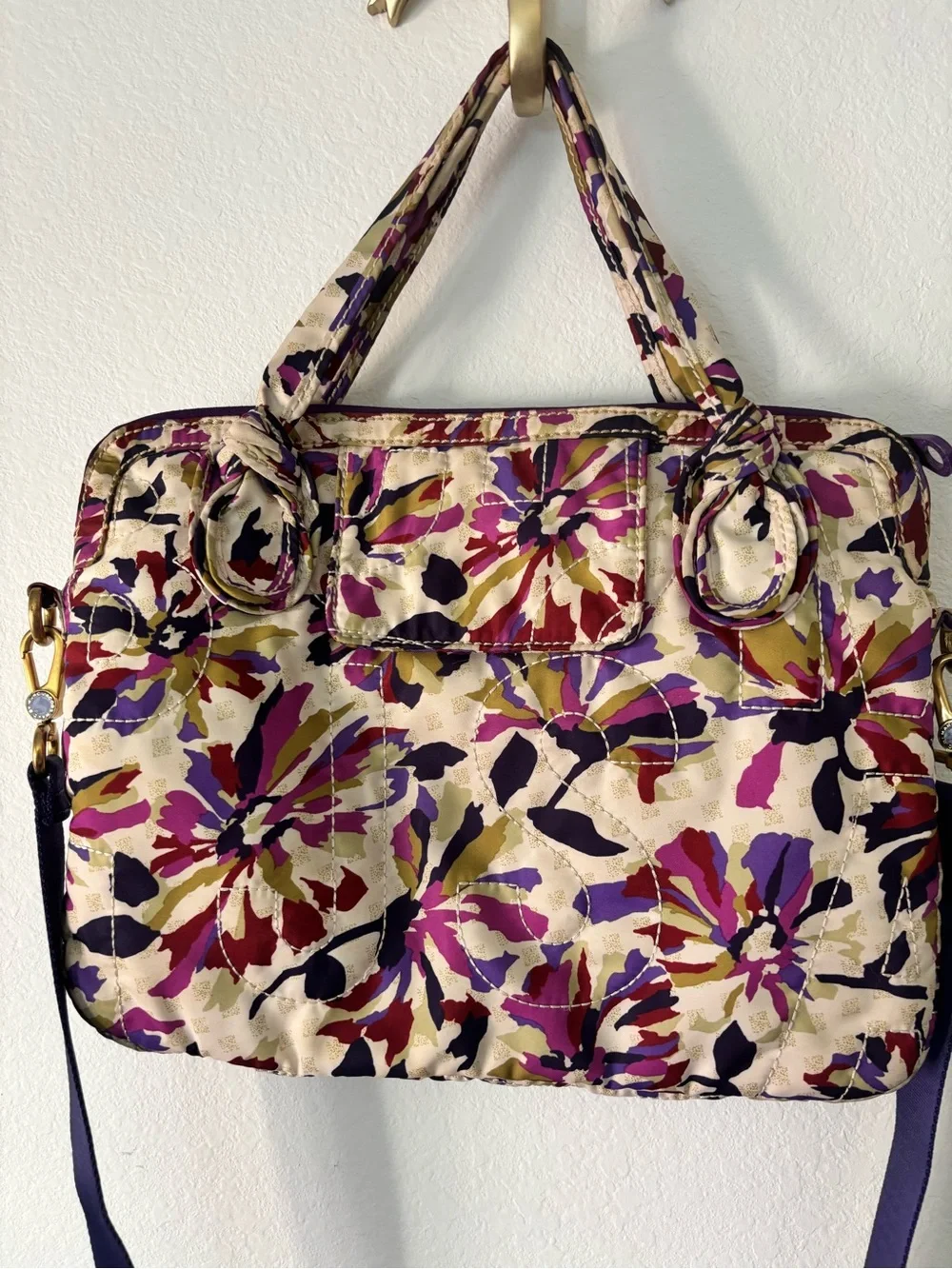 Marc by Marc Jacobs Cream Floral Quilted Laptop Bag with Purple Strap